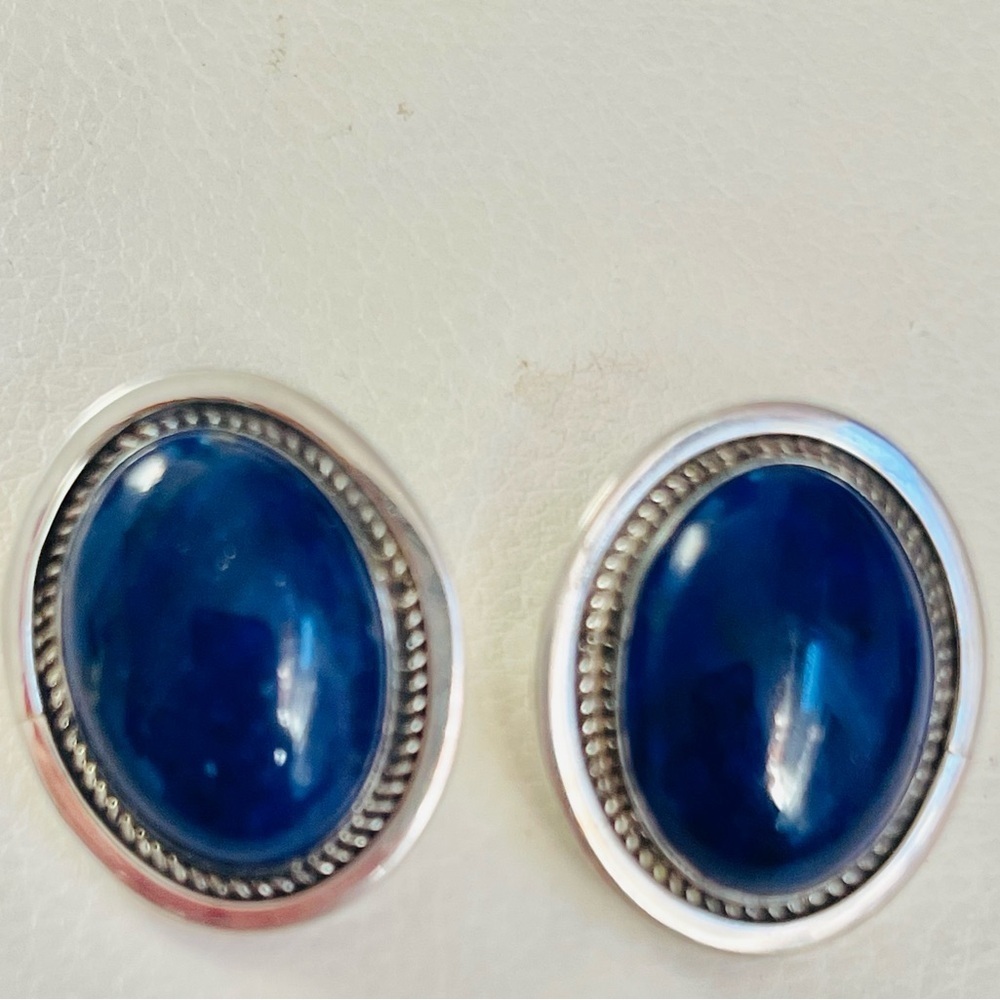 Vtg Native American Sterling Lapis Lazuli Cabochon Earrings